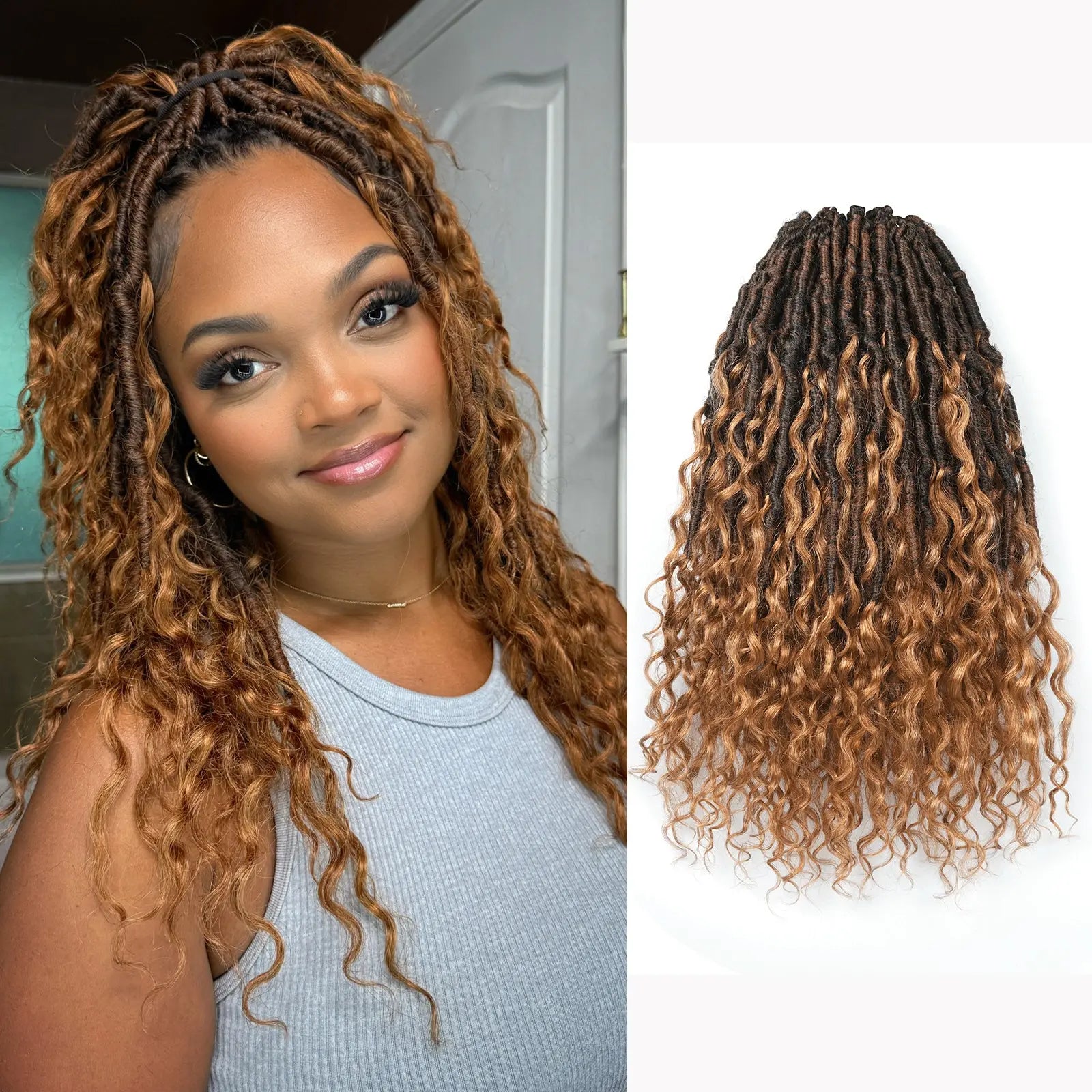 8 Packs | Toyotress® Updated Boho Locs With Human Hair Curls Pre Looped Goddess Boho Dreadlocks Curly Ends Hair Extensions Toyotress